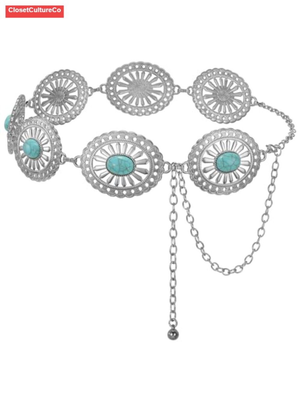 Western Concho Chain Belt Metal Adjustable Waist Belt for Dresses Jeans Concert